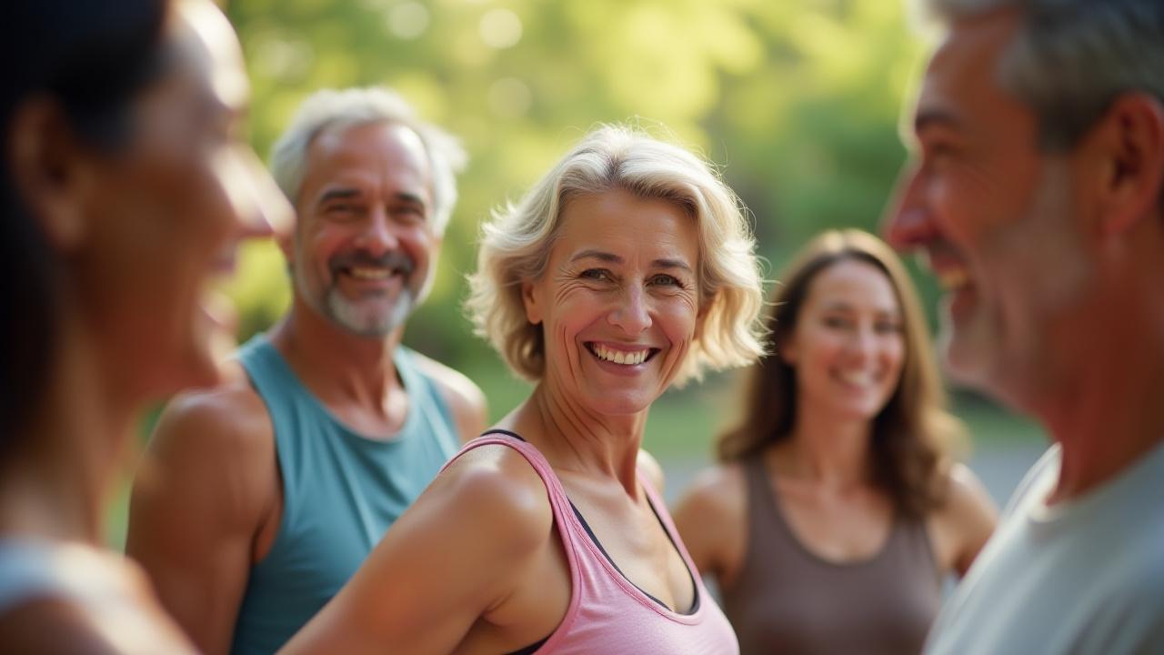 Diverse group of adults (35+) smiling and connecting in a natural, vibrant setting, depicting collaboration and support