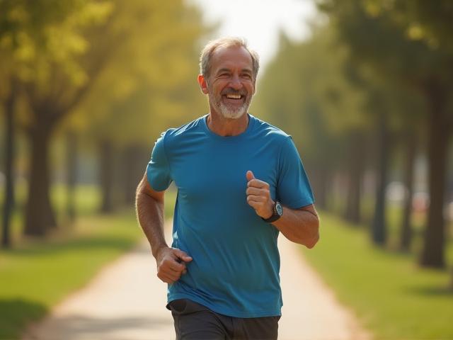 Middle-aged man enjoying a brisk walk or jog outdoors, smiling