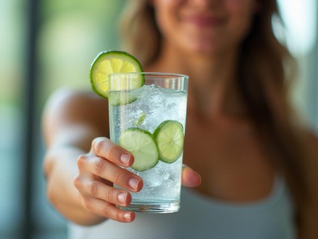 Person holding a glass of water with ice, looking refreshed