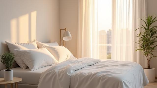 A serene bedroom scene with soft lighting, hinting at restful sleep.