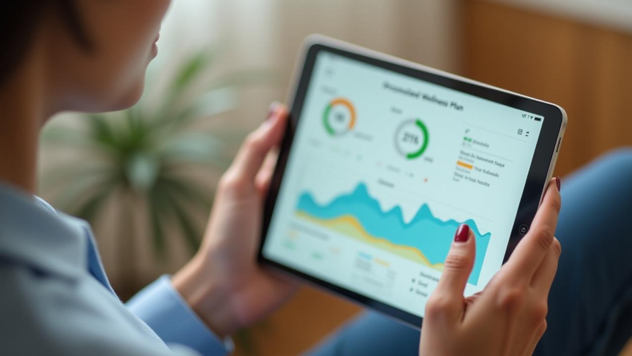 A thoughtful adult reviewing a personalized wellness plan on a tablet with vibrant health data visualizations.